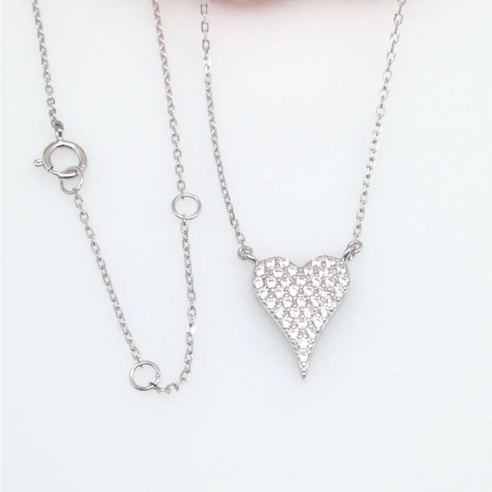 Small Pave Cz Heart Necklace 925 Sterling Silver Pendant 13mm 15-17